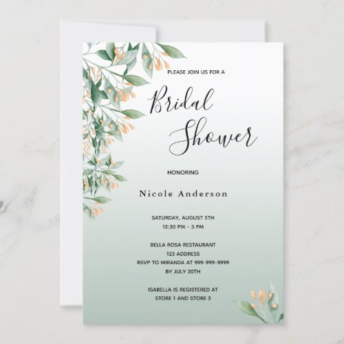 Bridal Shower sage green golden botanical Invitation