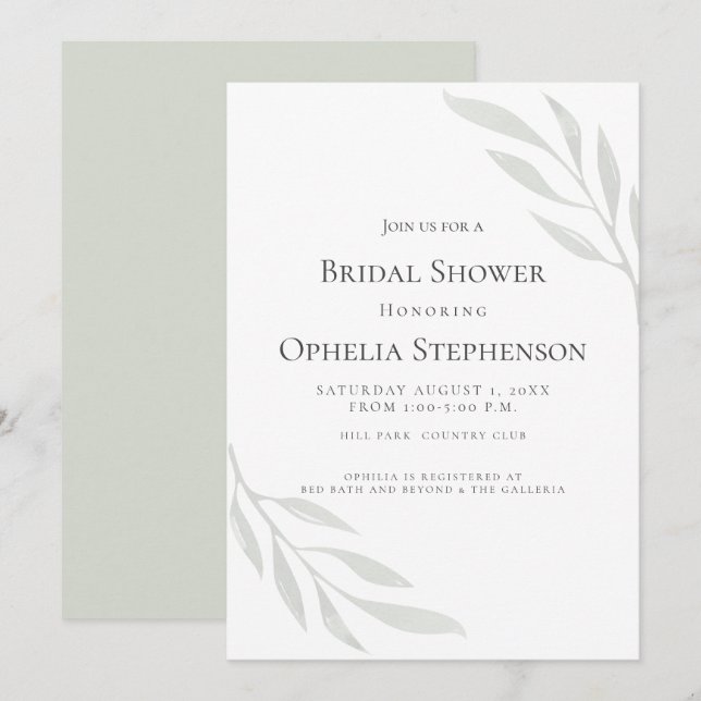 BRIDAL SHOWER | Sage Green Olive Branch Watercolor Invitation (Front/Back)