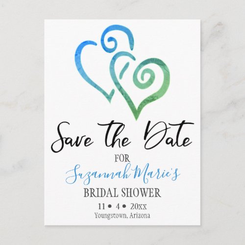 Bridal Shower Save The Date Blue Green Hearts Anno Announcement Postcard