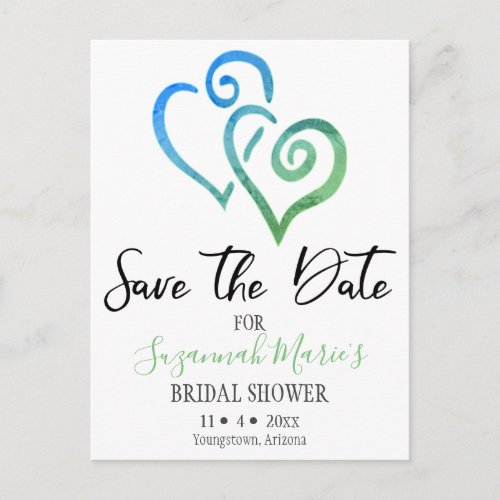 Bridal Shower Save The Date Blue Green Hearts Announcement Postcard