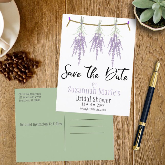 Bridal Shower Save The Date Dry Lavender Bundles Announcement Postcard (Save the Date postcard template front and back view)