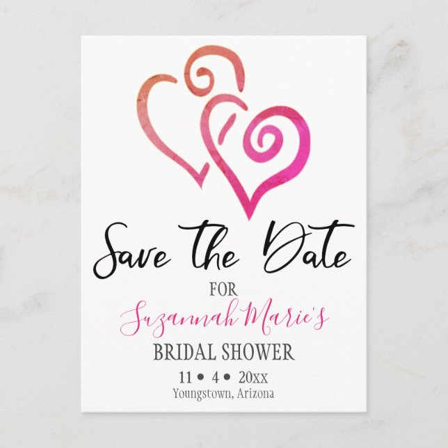 Bridal Shower Save The Date Orange Pink Hearts Announcement Postcard (Front)