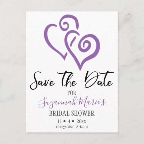 Bridal Shower Save The Date Purple Linked Hearts Announcement Postcard