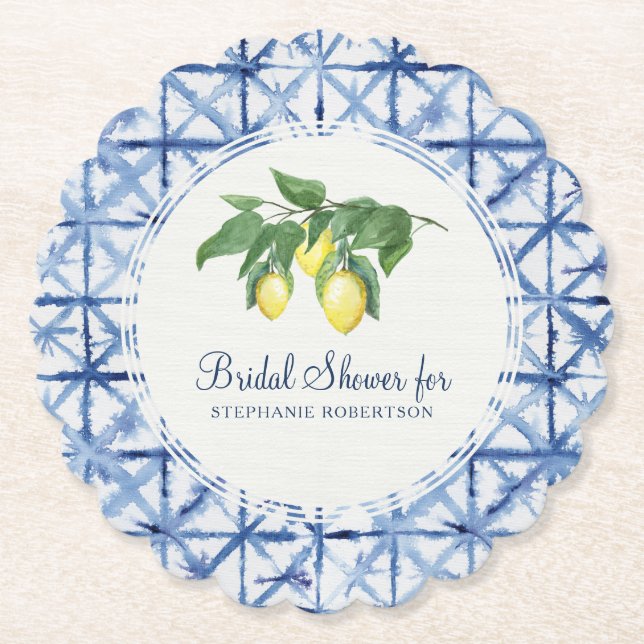 Bridal Shower Shibori Indigo Pattern w Lemon Leaf Paper Coaster (Front)