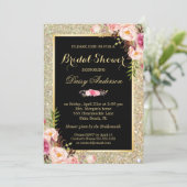 Bridal Shower Shiny Gold Sparkles Floral Invitation (Standing Front)