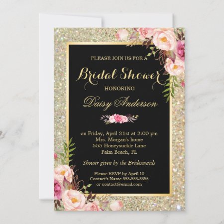 Bridal Shower Shiny Gold Sparkles Floral Invitation