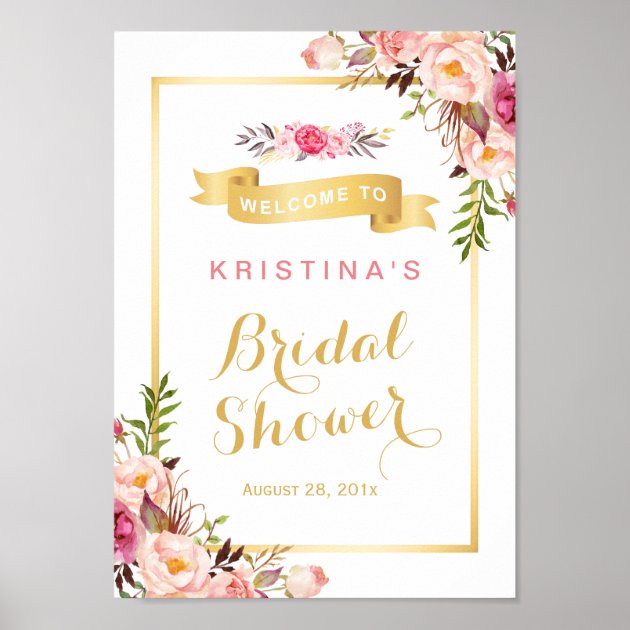 Bridal Shower Sign Elegant Chic Floral Gold Frame Poster