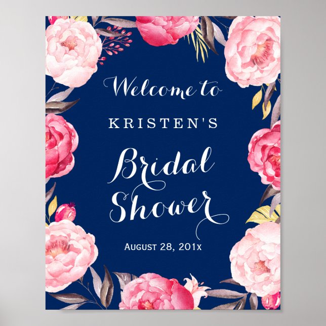 Bridal Shower Sign Modern Navy Blue Floral Wreath (Front)