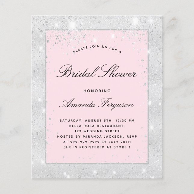 Bridal shower silver blush pink glitter budget flyer (Front)