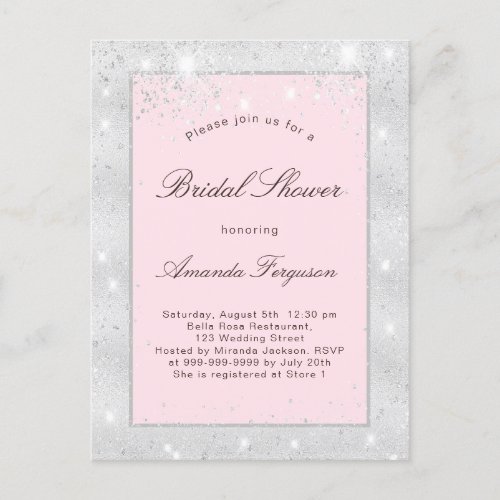 Bridal shower silver blush pink glitter elegant invitation postcard