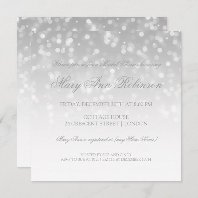 Bridal Shower Silver Bokeh Sparkle Lights Invitation (Front/Back)