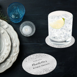 Bridal shower silver elegant confetti round paper coaster