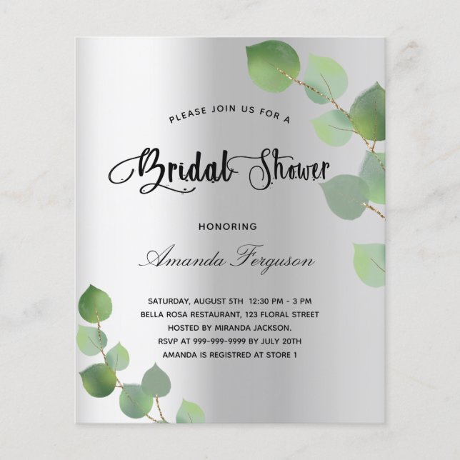 Bridal shower silver eucalyptus budget invitation flyer (Front)