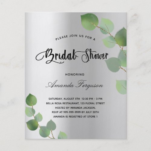 Bridal shower silver eucalyptus budget invitation flyer