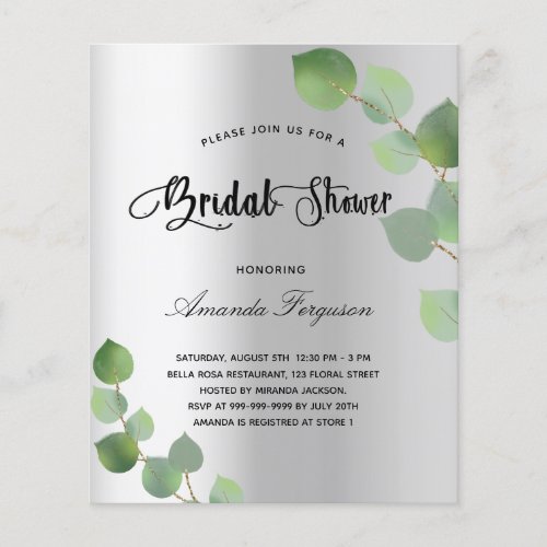 Bridal shower silver eucalyptus budget invitation flyer