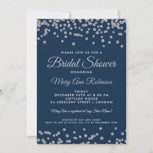 Bridal Shower Silver Faux Glitter Confetti Navy Invitation