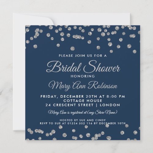 Bridal Shower Silver Faux Glitter Confetti Navy Invitation