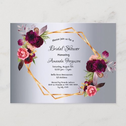 Bridal shower silver floral burgundy invitation postcard