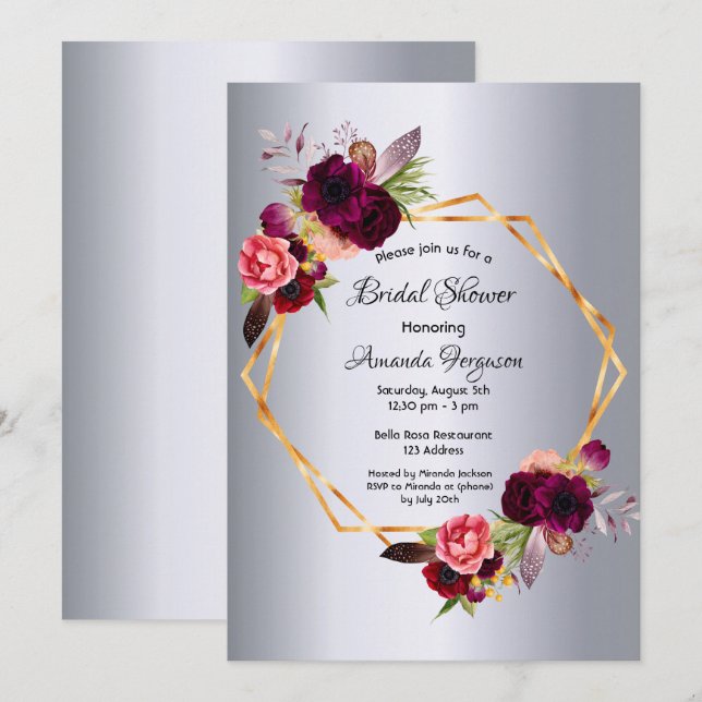 Bridal Shower silver floral geometric Invitation (Front/Back)