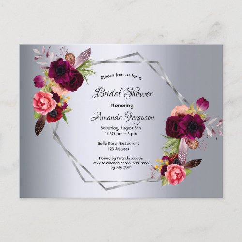 Bridal shower silver florals burgundy invitation postcard