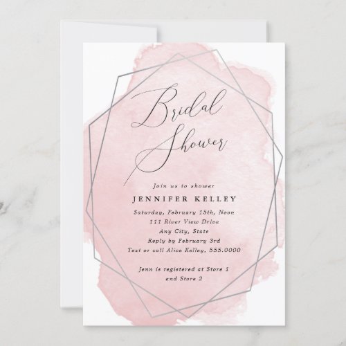 Bridal Shower Silver Geo Frame Pink Watercolor Invitation