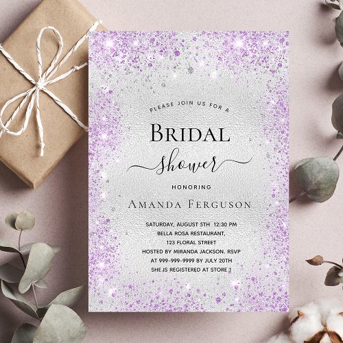 Bridal shower silver glitter dust purple elegant invitation