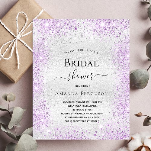 Bridal shower silver glitter dust purple elegant invitation postcard