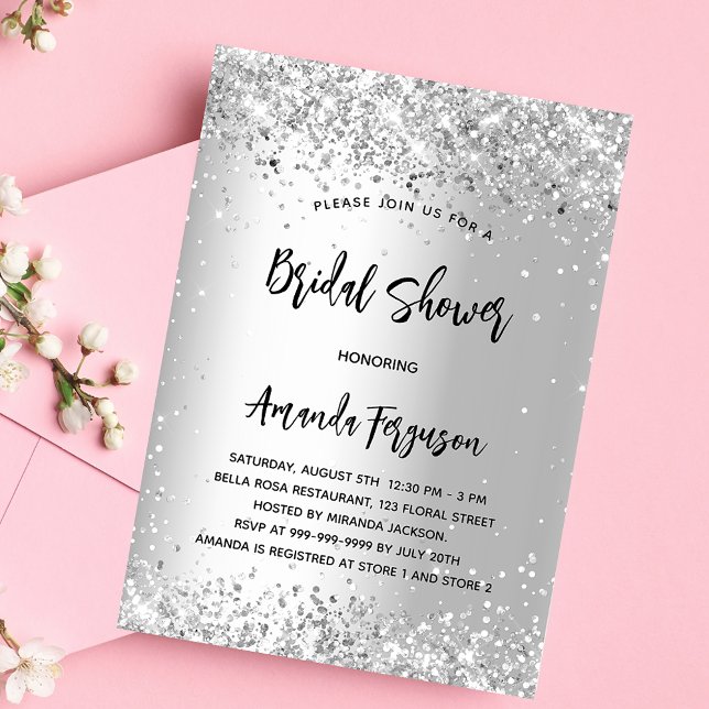 Bridal shower silver glitter elegant invitation postcard (Creator Uploaded)