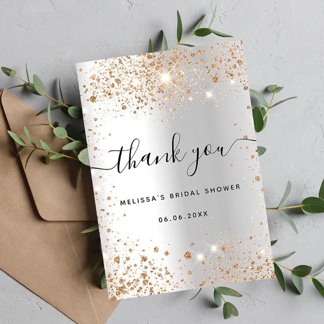 Bridal Shower silver gold glitter glamorous Thank You Card | Zazzle