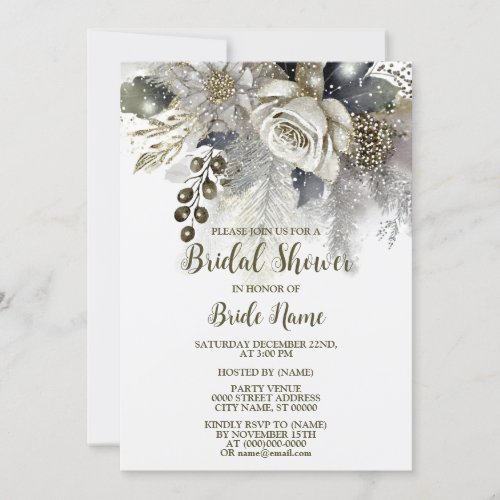 Bridal Shower Silver Golden White Roses Flowers Invitation