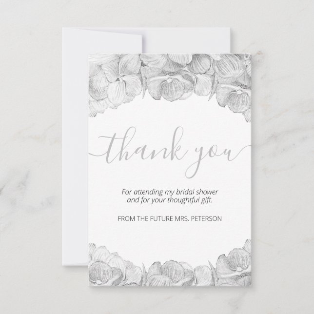 Bridal Shower Silver Hydrangea Floral Script Thank You Card (Front)