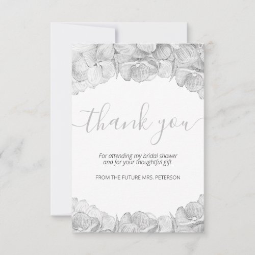 Bridal Shower Silver Hydrangea Floral Script Thank You Card