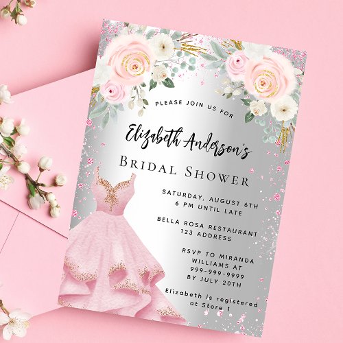 Bridal Shower silver pink dress glitter glamorous Invitation Postcard