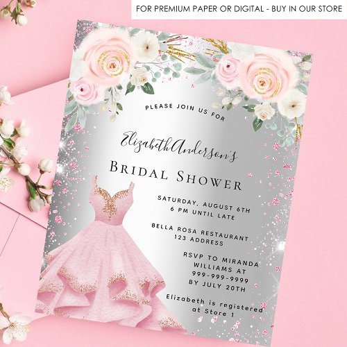 Bridal Shower silver pink dress glitter invitation