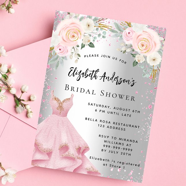 Bridal Shower silver pink dress glitter luxury Invitation (Creator Uploaded)