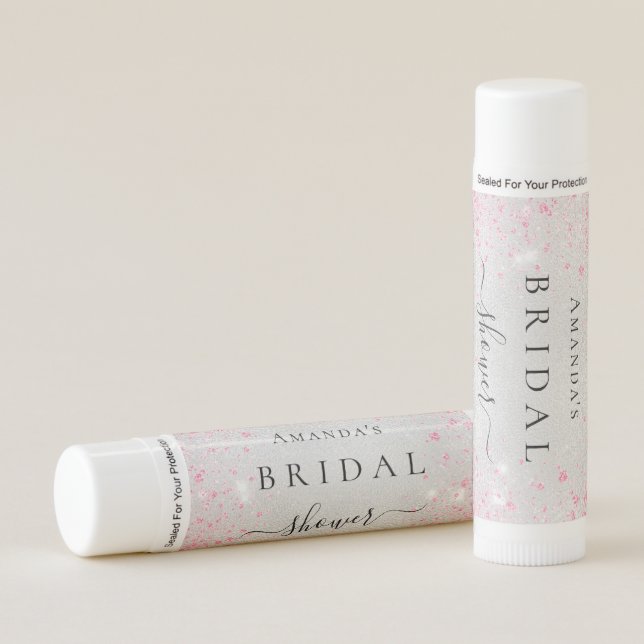 Bridal Shower silver pink glitter monogram name Lip Balm (Front)