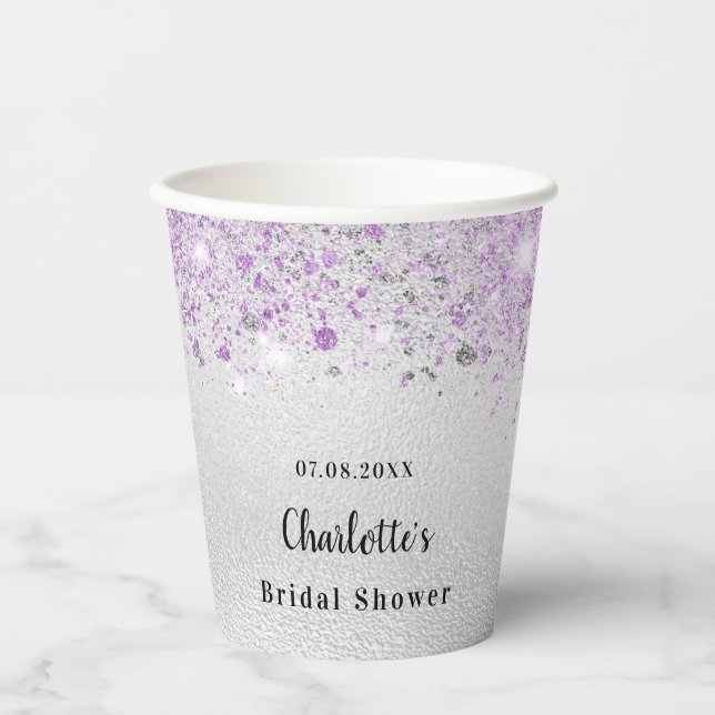 Bridal shower silver purple glitter monogram paper cups (Front)