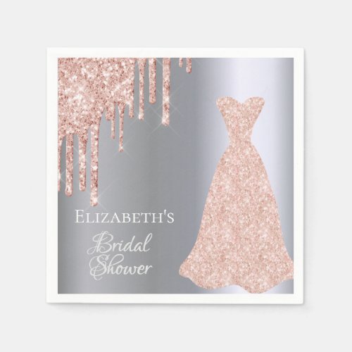 Bridal Shower silver rose gold glitter drips dress Napkins