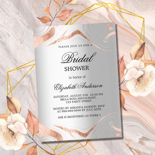 Bridal shower silver rose gold marble elegant invitation postcard