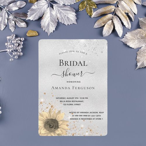 Bridal shower silver rustic sunflower glitter invitation