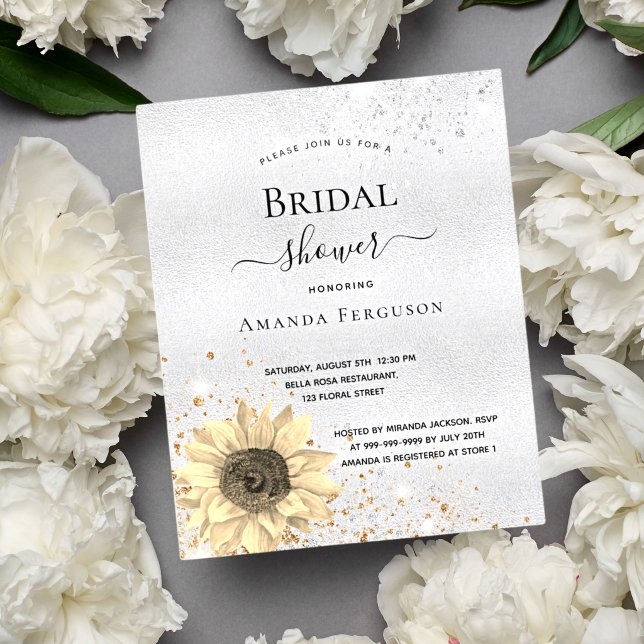 Bridal shower silver rustic sunflower glitter invitation postcard