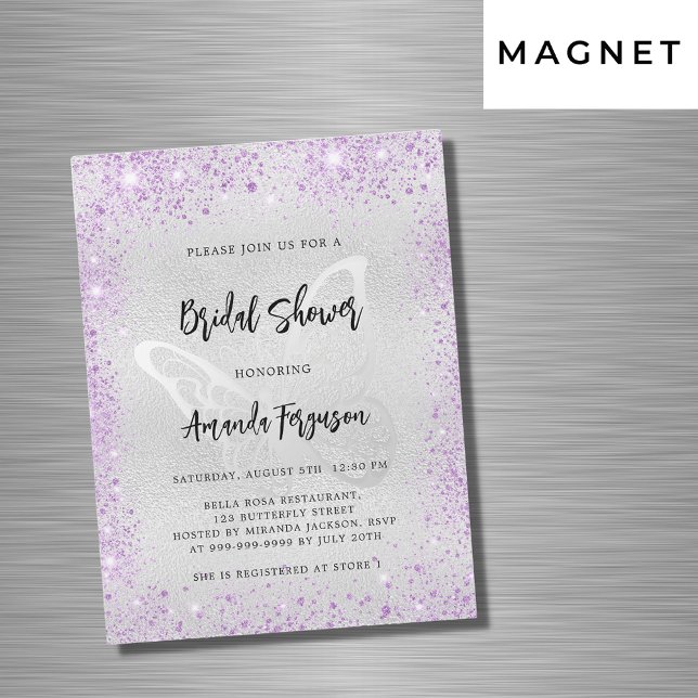 Bridal shower silver violet butterfly luxury magnetic invitation (Creator Uploaded)