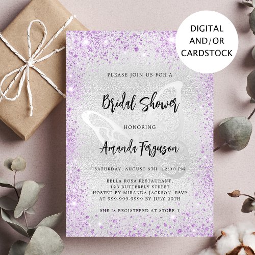 Bridal shower silver violet glitter butterfly invitation