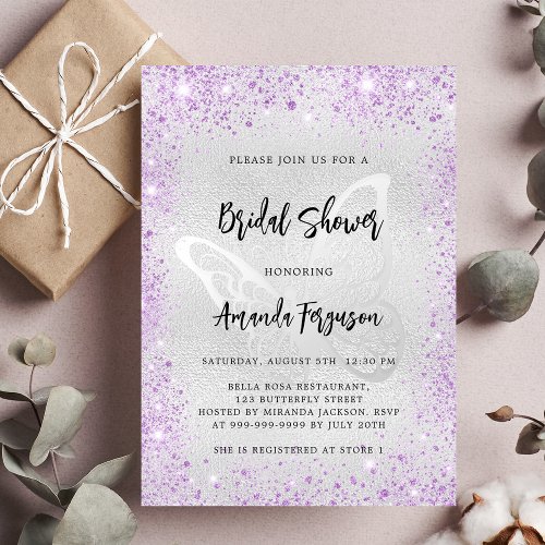 Bridal shower silver violet glitter butterfly invitation postcard