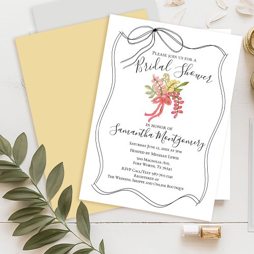 Bridal Shower Simple Hand Drawn Bow Yellow Bouquet Invitation