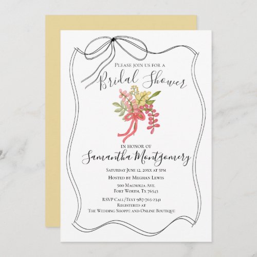 Bridal Shower Simple Hand Drawn Bow Yellow Bouquet Invitation