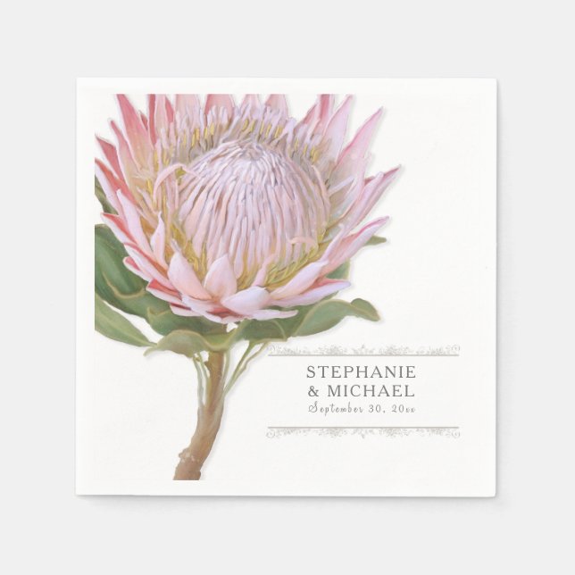 Bridal Shower Simple Modern Floral Pink Protea Paper Napkins (Front)