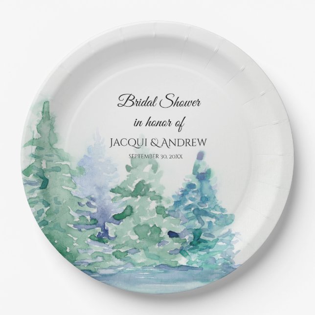 Bridal Shower Simple Modern Mountain Forest Lake Paper Plates (Front)
