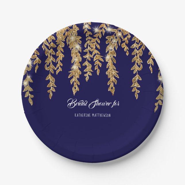 Bridal Shower Simple Navy Gold Willow Leaf Twinkle Paper Plates (Front)