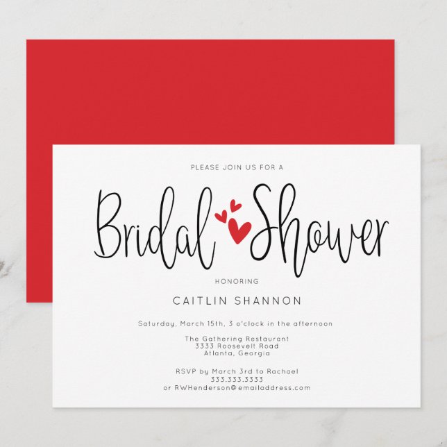 Bridal Shower Simple Red Hearts Calligraphy Invitation (Front/Back)